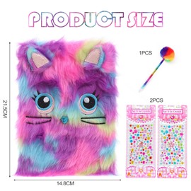 Cute Notepad Cartoon Notebook,Secret Diary for Girls,Plush Girl Notebook Cat Journal Notebook Set Fluffy Diary with Crystal Stickers Ballpen,Children Journal Diary Notepad for Kids Girls 6-14 Year old