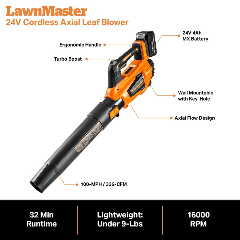 Leaf Blower Cordless, LawnMaster Leaf Blower 24V Max with 4.0Ah