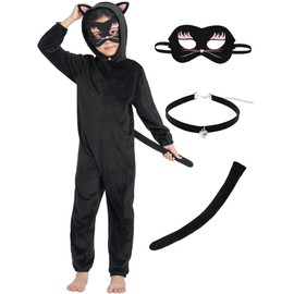 IKALI - Disfraz de gato negro para Halloween con máscara de ojos, gargantilla y cola