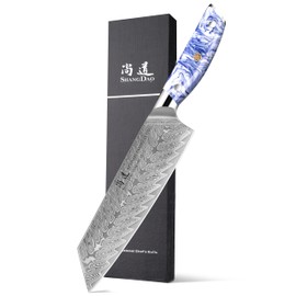 SHANGDAO 8 Inch Kiritsuke Chef Knife, Kitchen Slicing Knife Forged Damascus Steel with Blue and White Resin Handle - Full Tang - HUA Series