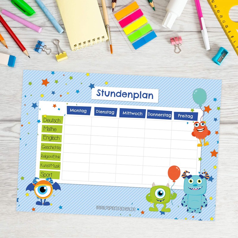 Papierdrachen Timetable DIN A4 Pad – Monster Design – Writeable