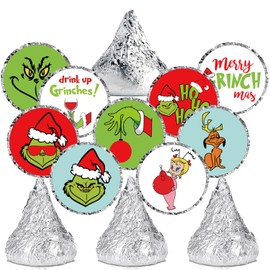 Adurself 540PCS Christmas Mini Kisses Candy Stickers Green Monster Chocolate Drop Labels Wrappers 0.75 Inch Round Holiday Card Cupcake Decorations for Xmas Party Favors Decorations Supplies