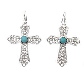 Simulated Turquoise Blue Stone Rhinestone Silver Tone Cross Dangle Drop Earrings