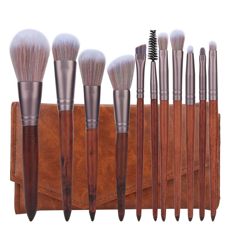 11pcs Artificial Fiber Brush Hair Wooden Handle Facial Makeup Brushes