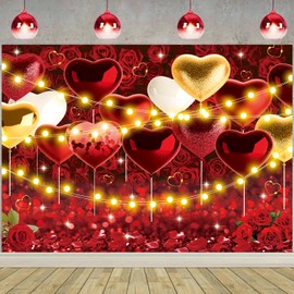Valentine's Day Backdrop Glitter Red Love Heart Balloons Rose Floral Wall Photography Background for Wedding Anniversary Bridal Shower Engagement Birthday Party Decoration Banner (7x5FT: 84x60 inch)