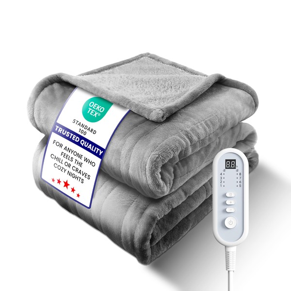 LEERUN Electric Heated Blanket Throw, Ultra‑Cozy Premium Flannel & Sherpa,