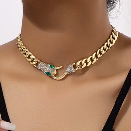 Danshinbow Pearl Rhinestone Snake Necklace Adjustable Emerald Necklace Jewelry for Women and Girls (Gold1)