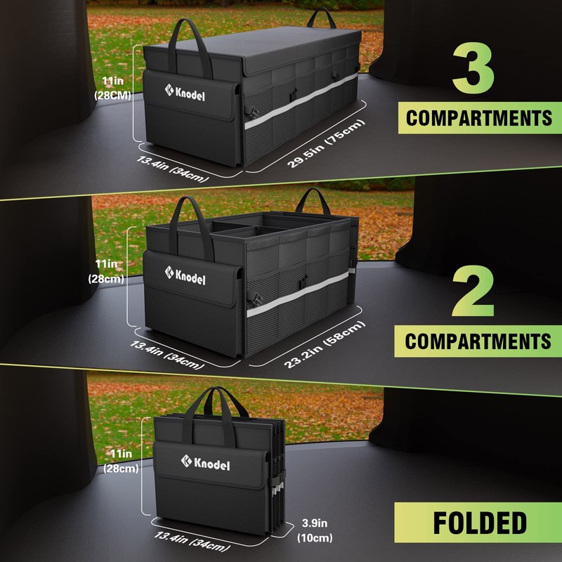 K KNODEL Car Trunk Organizer with Lid, 3 Compartments Collapsible