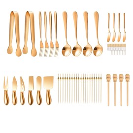 Rose Gold Cheese Knife Set For Charcuterie Board Accessories, Stainless Steel Cheese Slicer And Butter Spreader knives Kit With Serving Tongs, Spoons, Forks, Flags Cheese Markers, Honey Dipper