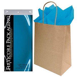 Flexicore Packaging Brown Kraft Paper Gift Bags & Turquoise Blue Gift Wrap Tissue Paper Size: 8 Inch X 4.75 Inch X 10.5 Inch | Count: 50 Bags | Color: Turquoise