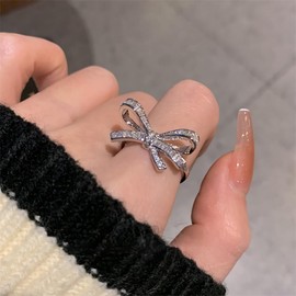 Gold Rhinestone Bow Knuckle Ring for Teen GirlsCute Shiny Multi Row Cubic Zirconia Statement Ring Silver Shiny Engagement Wedding Band Jewelry Gift (Silver)