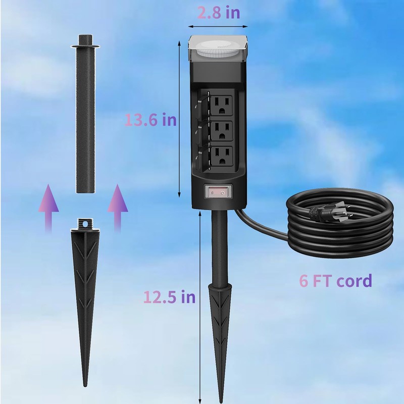 K KASONIC - 24 Hour Outdoor Stake Timer, 6 Outlets