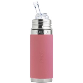 Pura Kiki 9oz/260 ml Stainless Steel Insulated Bottle w/Silicone Straw & Sleeve, 100% Plastic-Free, MadeSafe Certified, 100% Medical-Grade Silicone Straw for Kids, Toddlers, Babies & Infant - New Rose