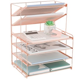 OPNICE Desk Organizers and Accessories, 6-Tier Letter Tray Paper Organizer, Desktop File Organizer, Office Desk Accessories for Office Supplies (Rose Gold)