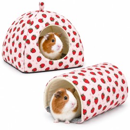 Oxiros Guinea Pig Hideout Tunnel Set, 2 Pack Washable Small Animal Bed with Removable Cushion, Hamster Hideout Play Tunnel Toys for Guinea Pigs, Hamsters, Hedgehogs, Ferrets, Pink Strawberry