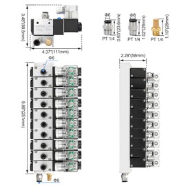 Baomain 10 Station Solenoid Valve Manifold, 110V AC 3 Way 2 Position Pneumatic Air Valve, Ten Solenoid, 1/4" PT Port, Includes Manifold Base & Mufflers, 3V210-08