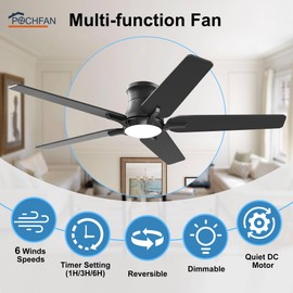 52 Inch Black Ceiling Fans With Lights and Remote, Flush Mount Low Profile Ceiling Fan, Dimmable 6 Speeds Noiseless Reversible Modern Ceiling Fan for Bedroom, Living Room, Patio (Black, 52 inch)