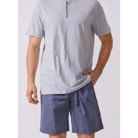 DAVID ARCHY Men's Cotton Short Henley Sleepwear Pajamas Soft Comfortable Classic Button-Down Woven Summer Set (S, Gray/Navy Blue Stripe)