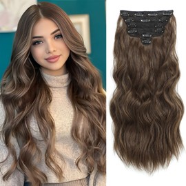 Clip in Hair Extensions, 6 Pcs Long Wavy Curly Clip on Hair Extensions for Women 20 Inch Synthetic Hairpieces for Daily Wear Party Wedding (Chestnut Brown)