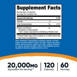 Nutricost Mullein Leaf Extract (20,000mg Equivalent) 120 Capsules - 60 Servings