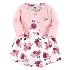 HUDSON BABY Baby Girls' Cotton Dress and Cardigan Set, Blush Floral, 18-24 Months