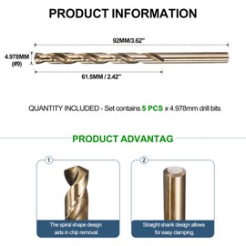 METALLIXITY 5mm Micro Drill Bit (#9) 5Pcs, 4341 High-Speed Steel Straight Shank 135° Gold for Drilling Low-to-medium Hardness Metal Copper Aluminum Plastic Wood