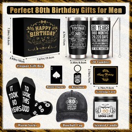 JTAMOHI 80th Birthday Gifts for Men, Unique 80 Year Old Birthday Gifts Box with 20 Oz Tumbler, Scented Candle, Socks, Baseball Cap, 80th Men Gifts for Husband, Dad, Grandpa, Friends, Teachers, Boss