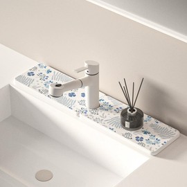 Volminex Kitchen Sink Faucet Mat, Diatomaceous Earth Quick Dry Sink Splashback Drying Mat, Kitchen Faucet Super Absorbent Mat, Quick-Drying Water Absorbing Stone Tray (Blue Flowers, 15.7" x 3.9")