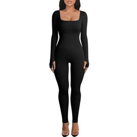 Litthing Women's Sports Jumpsuit Tight with V-Neck Zip Yoga Jumpsuit Body Outfits Playsuit Long Sleeve Bodycon Romper Sports Suit Fitness Slim Jogging Suit, Style 3 Black
