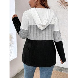 COZYEASE Women's Plus Size Colorblock Half Zip Hoodies Ribbed Knit V Neck Long Sleeve Pullover Sweater Multicolor 2XL