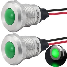 Indicator Light 12mm 0.47" LED Lamp with 140mm/5.5" Wire 12V/24V AC/DC Pilot Lights Waterproof IP67 Metal Stainless Steel Signal Indicator Lamp Panel 2PCS (Green, 12-24V DC/AC)
