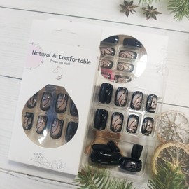 Black Press on Nails with Dark Vine Design, Glossy Ins Medium Square False Nails Rhinestones Acrylic Fake Fingernails Curve Line Stick on Nail Crystal Gel Glue on Nail for Women Girls 24Pcs