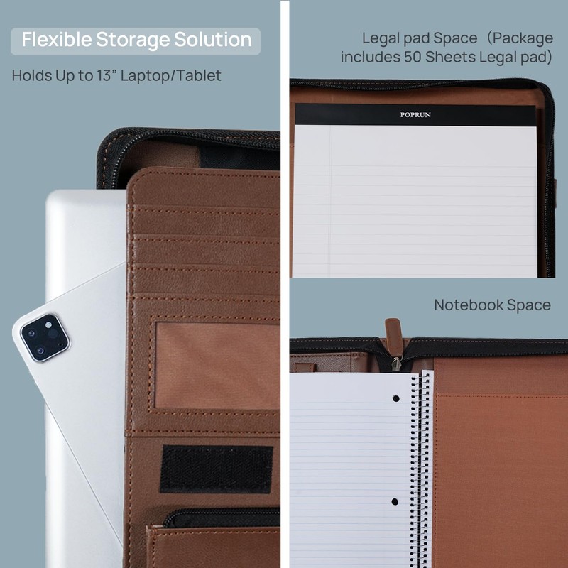 POPRUN Portfolio Binder with Zipper, Leather Padfolio Document Organizer with