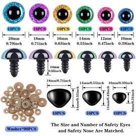 SANNIX 90pcs 10-20mm Large Safety Eyes and Safety Noses for Amigurumi Crochet Animals Chromatic Plastic Button Eyes for Sewing with Washers for Doll, Plush Toy, Teddy Eyes