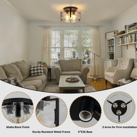 Black Flush Mount Ceiling Light Fixture, 3-Light Modern Ceiling Light, Hallway Light Fixtures Ceiling Mount, Kitchen Lighting Fixtures Ceiling for Bedroom, Entryway, Bathroom, Laundry Room, Foyer