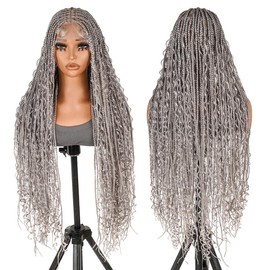 SuperNova #Gray 36" Full Lace Bohemian Box Braided Synthetic Wig, Premium Quality, Wavy, Lightweight & Natural Look - Ideal for a Stylish Hair Transformation - Hair Color: #Grey