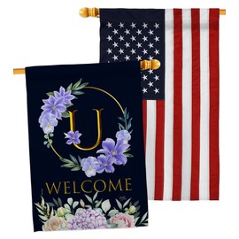 Welcome U Initial House Flags Pack Monogram Garden Floral Sunflower Tulip Rose Orchid Lilies Season Springtime Flower Wreath USA Embroidery Small Gift Yard Banner Made In 28 X 40