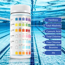 Pool and Spa Test Strips Hot Tub Test Strips, 100 Strips Pack for pH,Free Chlorine, Bromine, Cyanuric Acid, Total Alkalinit and Total Hardness of Water, Accurate 7 in 1 Pool Water Test Strips Kit