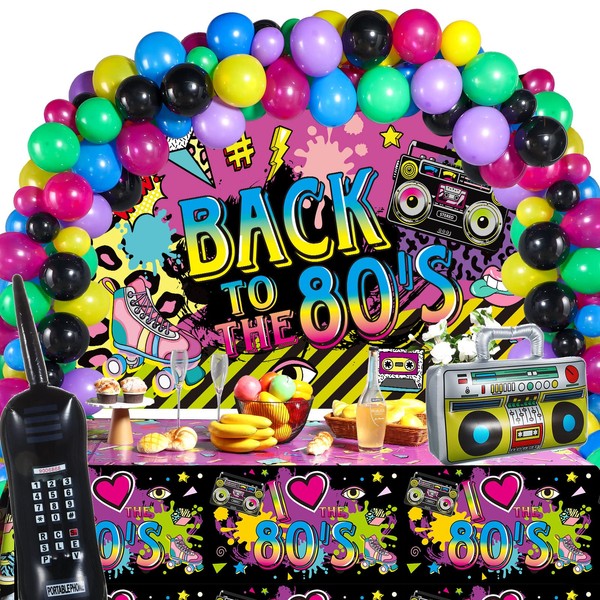 Irenare 80s 90s Party Decorations 80's 90's Party Bundle Includes Inflatable Radio Boombox and Mobile Phone, Back to 80s or 90s Backdrop, Tablecloth, 95 Pieces Balloons for Hip Hop Party (80s Style)