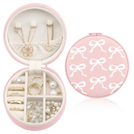 MAYCARI Jewelry Box with Cute White Bow Pattern Design, PU Leather Jewelry Travel Organizer Case-Rings/Earrings/Necklace Storage Box for Women Birthday Mom Friends Her Bridesmaids Girls s