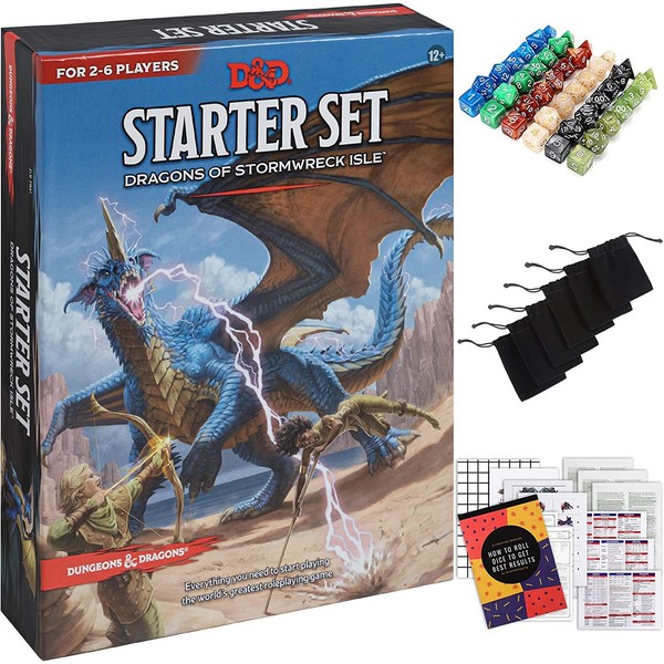 CraftyCrocodile Dungeons and Dragons Starter Set - Dragons of Stormwreck Isle - Extra 6 Dice Sets, Flannel Bags, Master Screen, New Heroes - Board Game