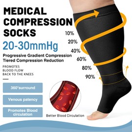 AKSO MEDICOS Plus Size Compression Socks (S-7XL) 20-30 mmHg Wide Calf Open Toe Compression Support Stocking for Improve Circulation Varicose Veins Swelling Edema Open-Toe Black Large