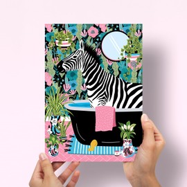 Parmaro Zebra in Bathroom Print, Zebra in Bath Print, A4 UNFRAMED Print, Animal on Toilet Print, Pink Botanical Print, Tropical Bathroom Decor
