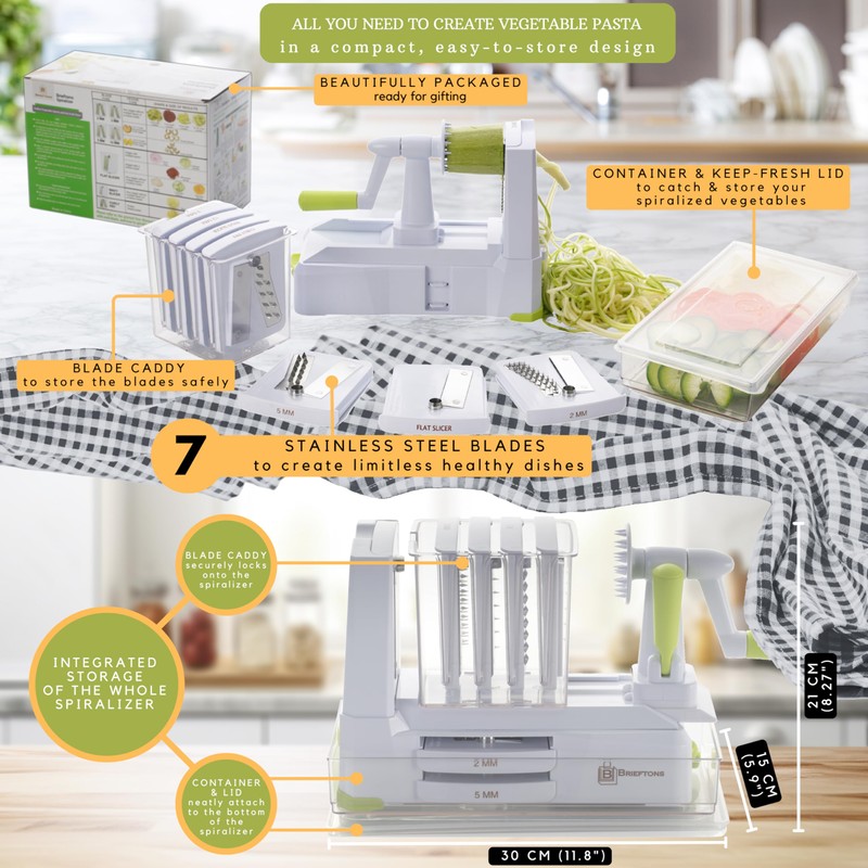 Brieftons 7-Blade Vegetable Spiralizer: Strongest-Heaviest Spiral Slicer, Best Veggie Pasta