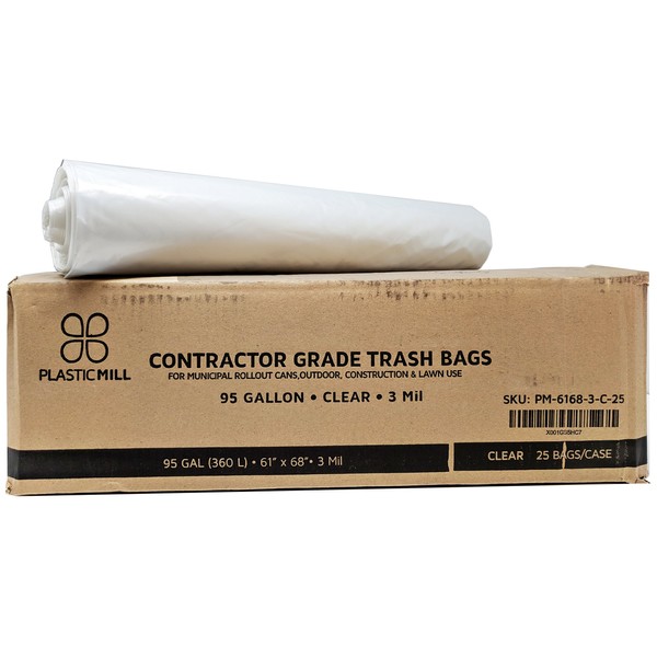 PlasticMill 95 Gallon Contractor Bags: Clear, 3 Mil, 61x68, 25 Bags.