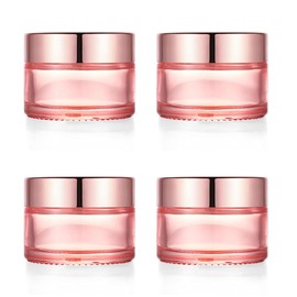 Furnido Paquete de 4 tarros de crema de cara de cristal rosa de 30 ml, tarros vacíos de cristal grueso para crema cosmética con cubierta de oro rosa, forro interior para hidratante, sombra de ojos, emulsión de maquillaje