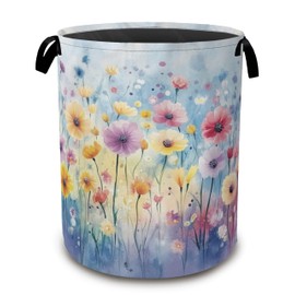 Colorful Floral Laundry Hamper,Collapsible Laundry Baskets,Watercolor Flowers Dirty Clothes Baskets with Handles,Oxford Cloth Hamper for Bedroom,Bathroom,College Dorms, 16"x20"