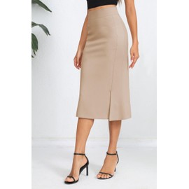 Urban CoCo Women's Stretch Office Fishtail Pencil Skirt High Waist Bodycon Midi Skirt with Slit, Khaki, Small