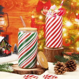 Nosiny 12 Pcs Christmas Glasses Cups with Bamboo Lids and Straws, 16 oz Xmas Drinking Glasses, Gifts Tumbler Cups, Mason Jars for Ice Coffee Cups Beverages Cocktail(Candy Cane Style)