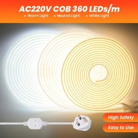 Flexible LED Light Strip,360 LEDs/m IP65 Waterproof COB Light Strip,AC 220V LED High Voltage Rope Light,50CM Cuttable,Super Bright for Indoor and Outdoor Lighting Camping,Balcony (6m, Natural white)